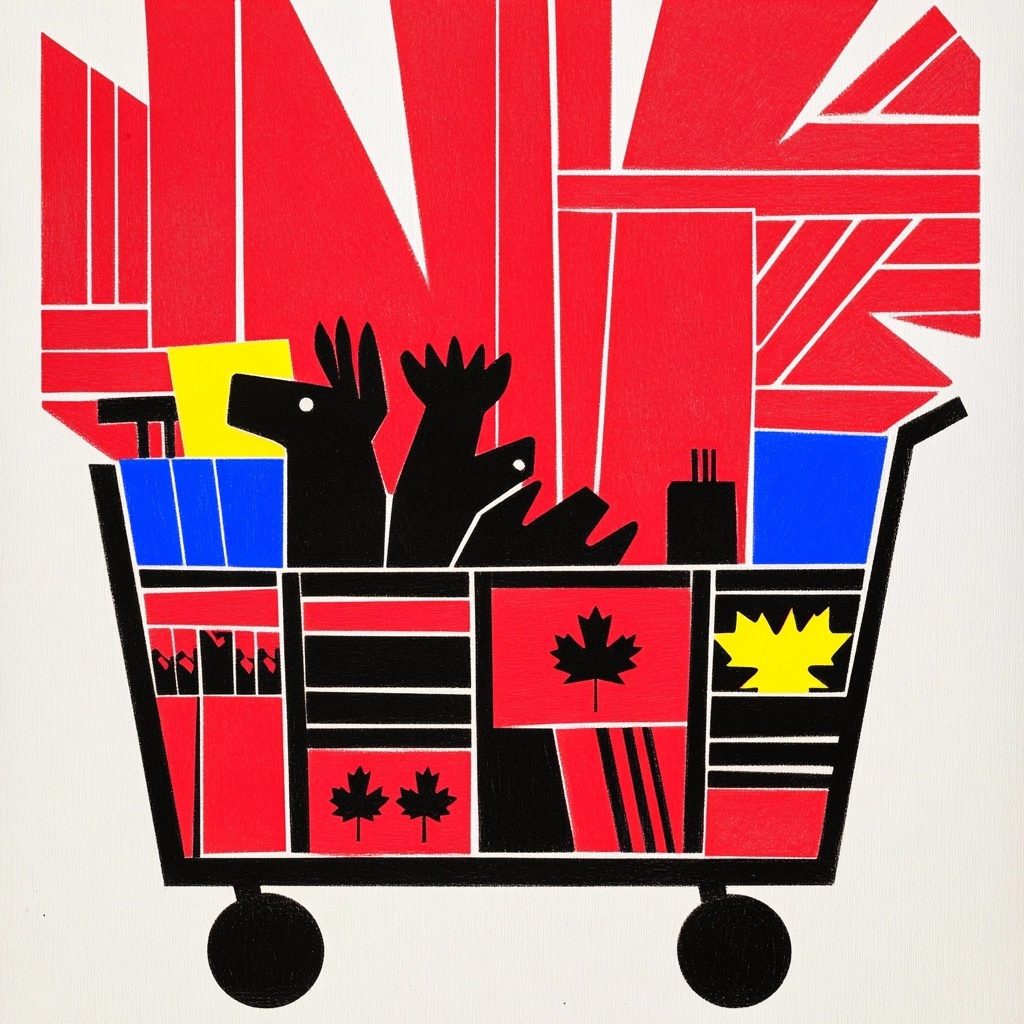 a captivating cheerful and abstract geometric linocut print depicts a shopping cart full of iconic Canadian symbols like moose, beavers, canada geeks and large red maple leaves